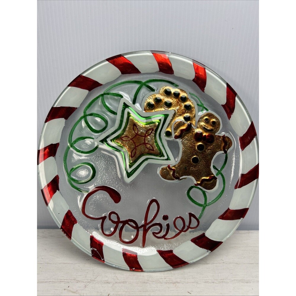 Christmas Glass Cookie Plate Gingerbread Man Candy Cane Holiday Serving Dish 8